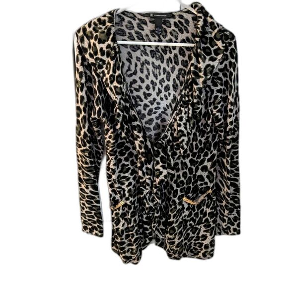 INC International Concepts Sweater Women's sz L Leopard Print Ruffle Gold Glam - Picture 1 of 8